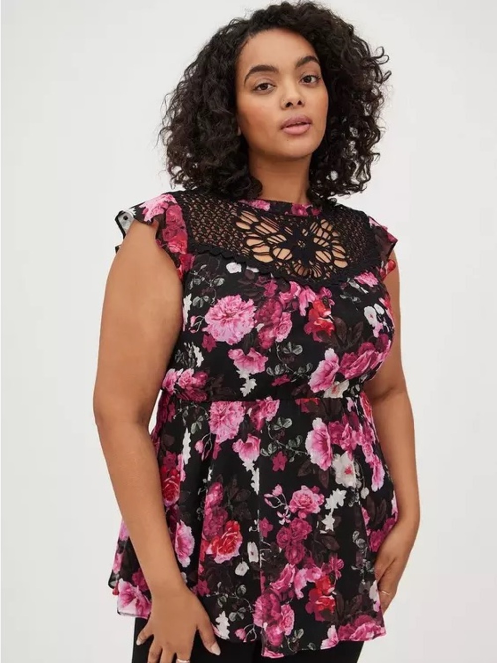 Torrid Peplum Chiffon Clip Dot Crochet Top 00 M/L 10 Black Floral